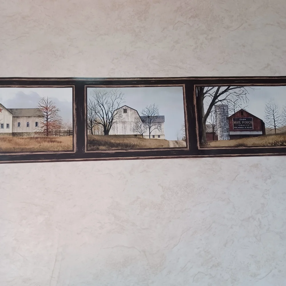 Wallpaper Border Country Farmhouse & Barn Scenes - Black